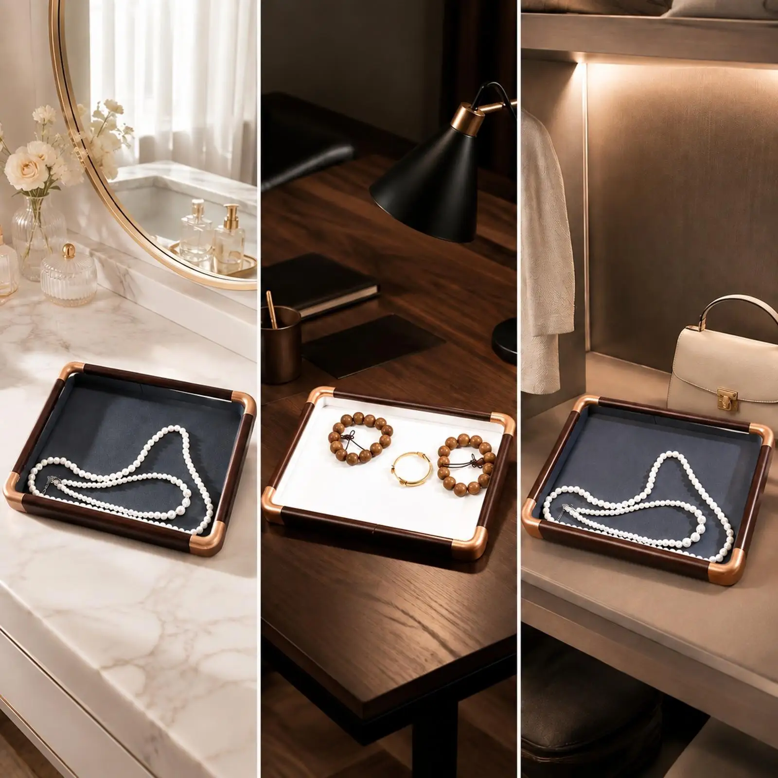 Wooden Jewelry Tray with Metal Corner Accents Elegant Wooden Jewelry Display Tray for Dressing Tables, Boutique Countertop