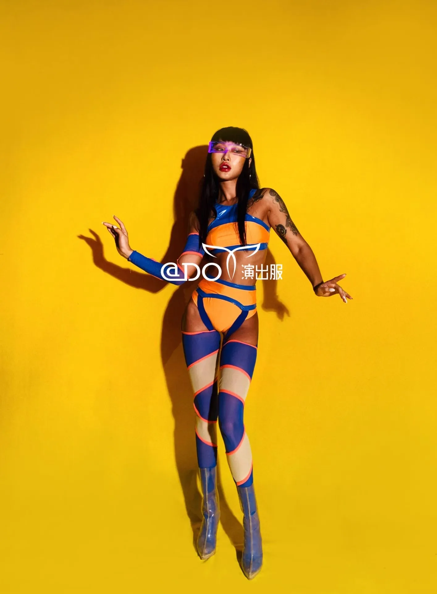 Orange Blue Color blocked Split Tops Shorts Set Bar Nightclub GOGO Atmosphere Interactive Tour Singer Dancer Stage Show Costume