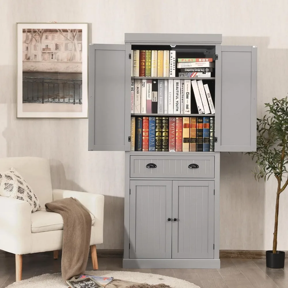 Mobiletto da cucina alto 72", armadio portaoggetti in legno con 4 ripiani regolabili, 2 armadietti e cassetti, portaoggetti indipendente