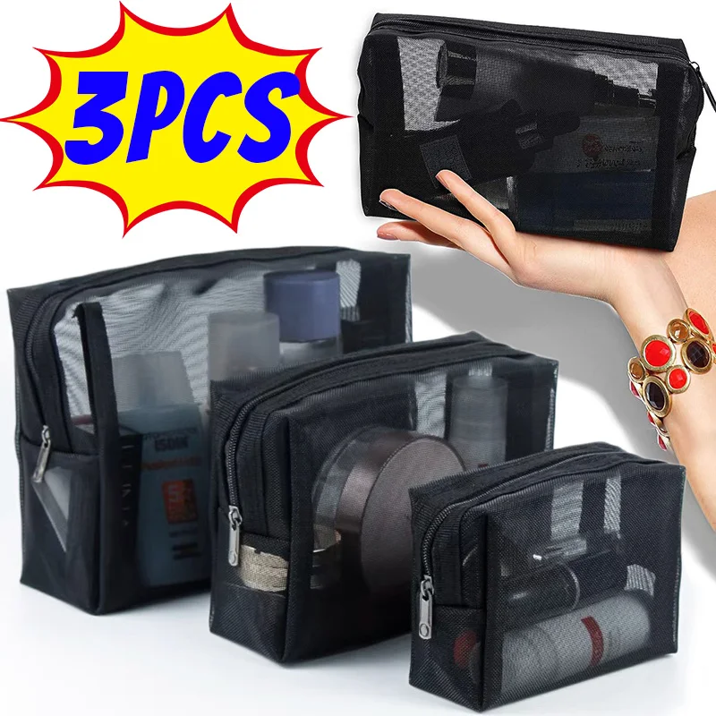 

1/3pcs Mesh Clear Cosmetic Bags Small Large Black Makeup Bag Portable Travel Toiletry Organizer Case Lipstick Storage Pouch