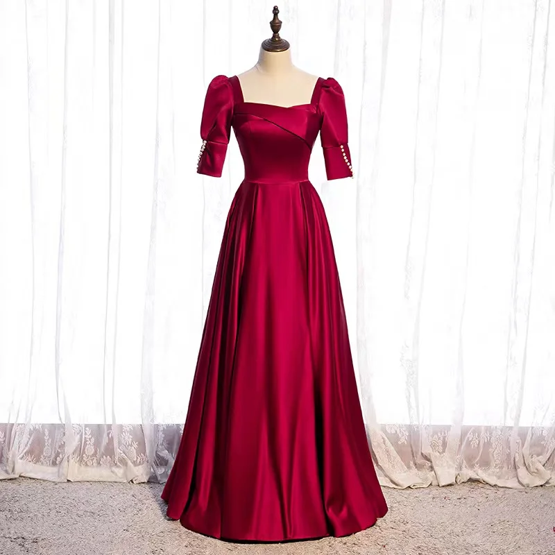 

Burgundy Prom Dresses Square Collar Empire Half Sleeve Pearls Buttons Pleat Beaded A-Line Satin Wedding Guest Formal Party Gowns