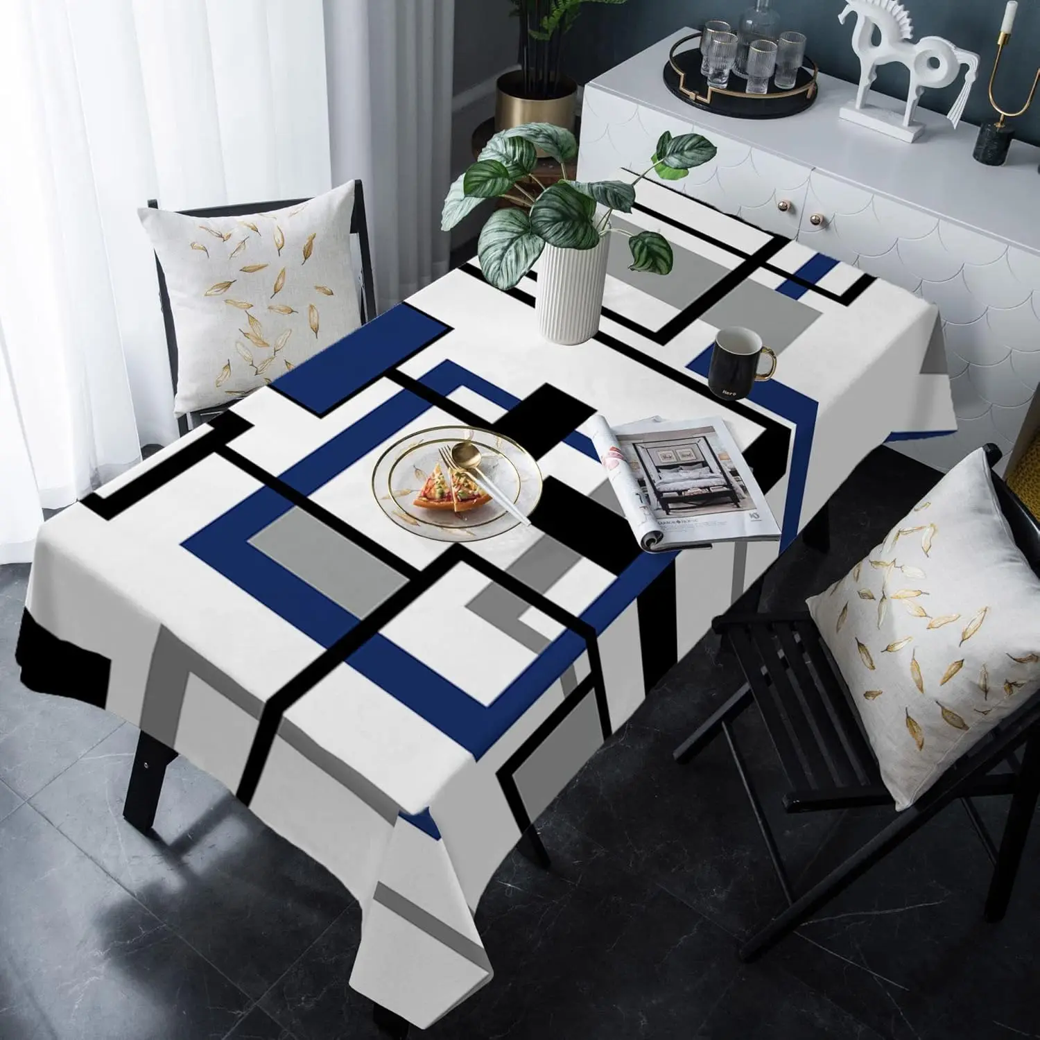 Mantel rectangular geométrico abstracto moderno, azul marino, negro, decoración de mesa, mantel de comedor de cocina