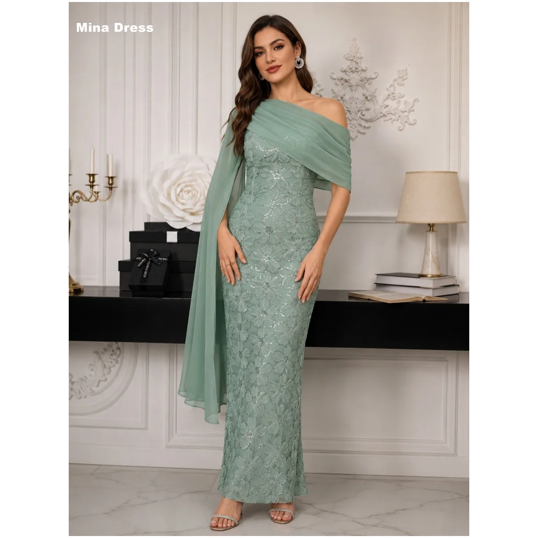 Mina Customized Green Jacquard Sequin Slanted Shawl With Split Ends Prom Dresses 2026 Luxury Party Dress Women's Evening Dress