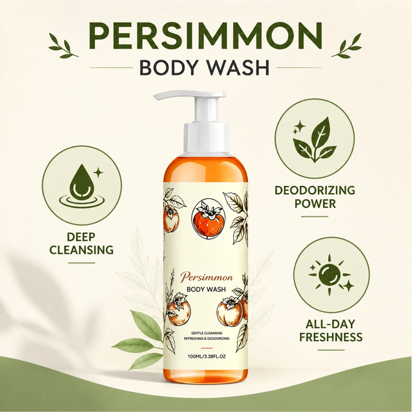 Natural Persimmon Body Wash with Green Tea - Exfoliating Gentle Cleansing Moisturizing & Odor Control All Skin Types