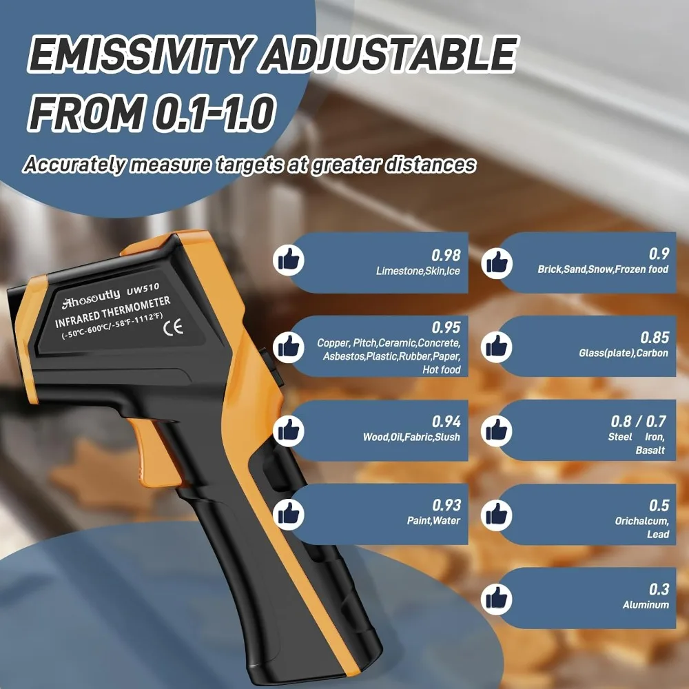 Infrared Thermometer Laser Temp Gun -58°F to 1112°F, Calibration & Adjustable Emissivity, Min/Max, for Cooking, HVAC, Auto view 4