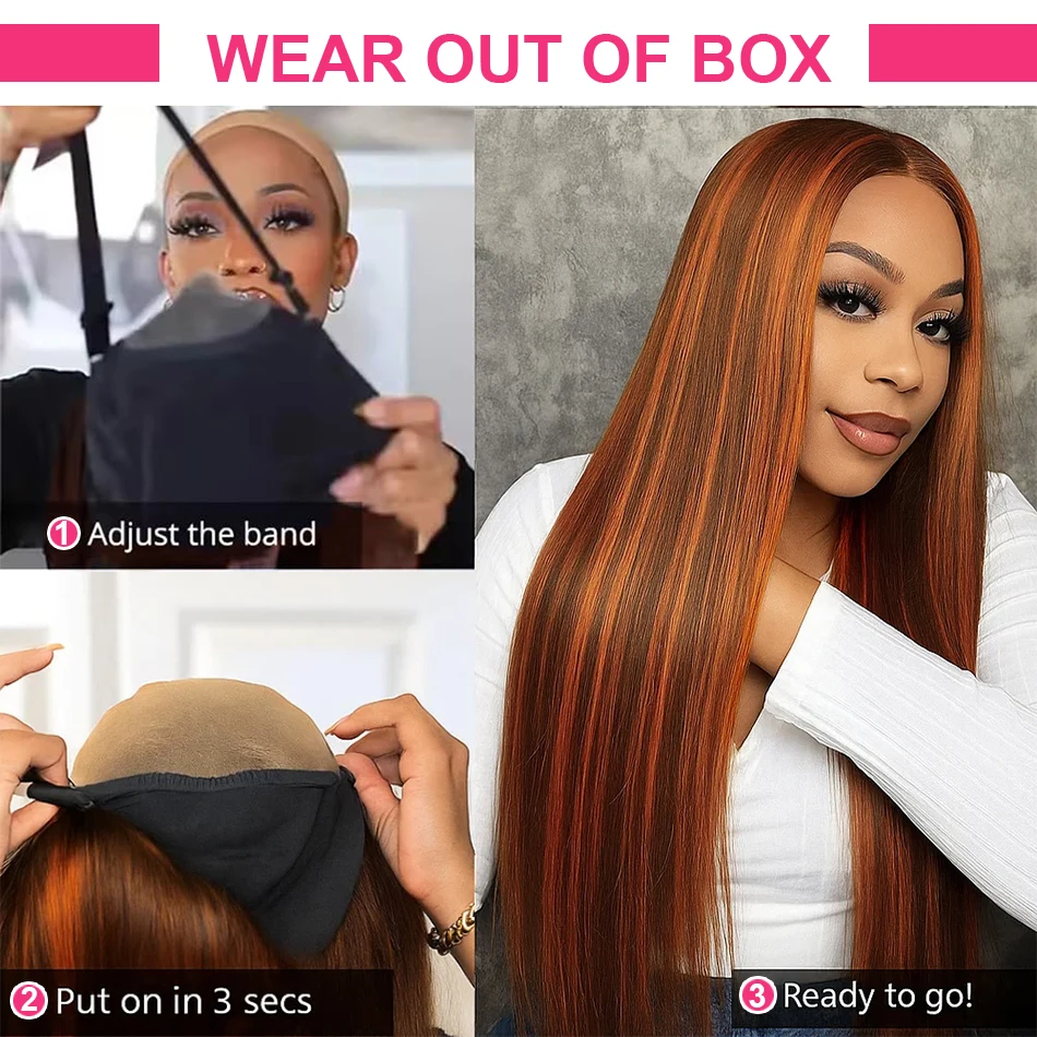 مستقيم # 4/350 البرتقال الزنجبيل أومبير تسليط الضوء على شعر مستعار ترقية 5x5 غلويليس ارتداء والذهاب البرازيلي ريمي قبل قطعها خصلات الشعر المستعار الإنسان