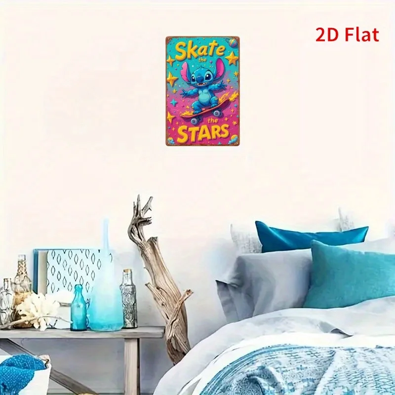قطعة واحدة من ديكور فني جداري معدني من Stitch Skate the Stars - 20.32 × 30.48 سم تصميم كوني نابض بالحياة مع غرز ونجوم للتزلج، داخلي