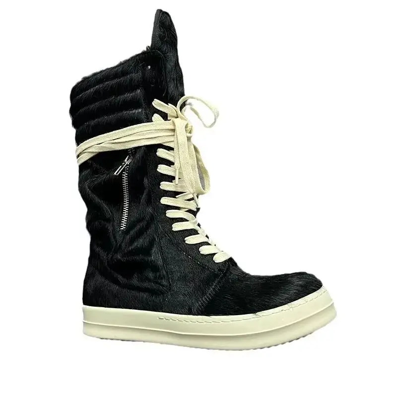 Owen Seak Men Women High Top Motorcycle Boots Casual Platform Sneakers Horsehair Leather Luxury Lace Up Zip Autumn Pink Shoes