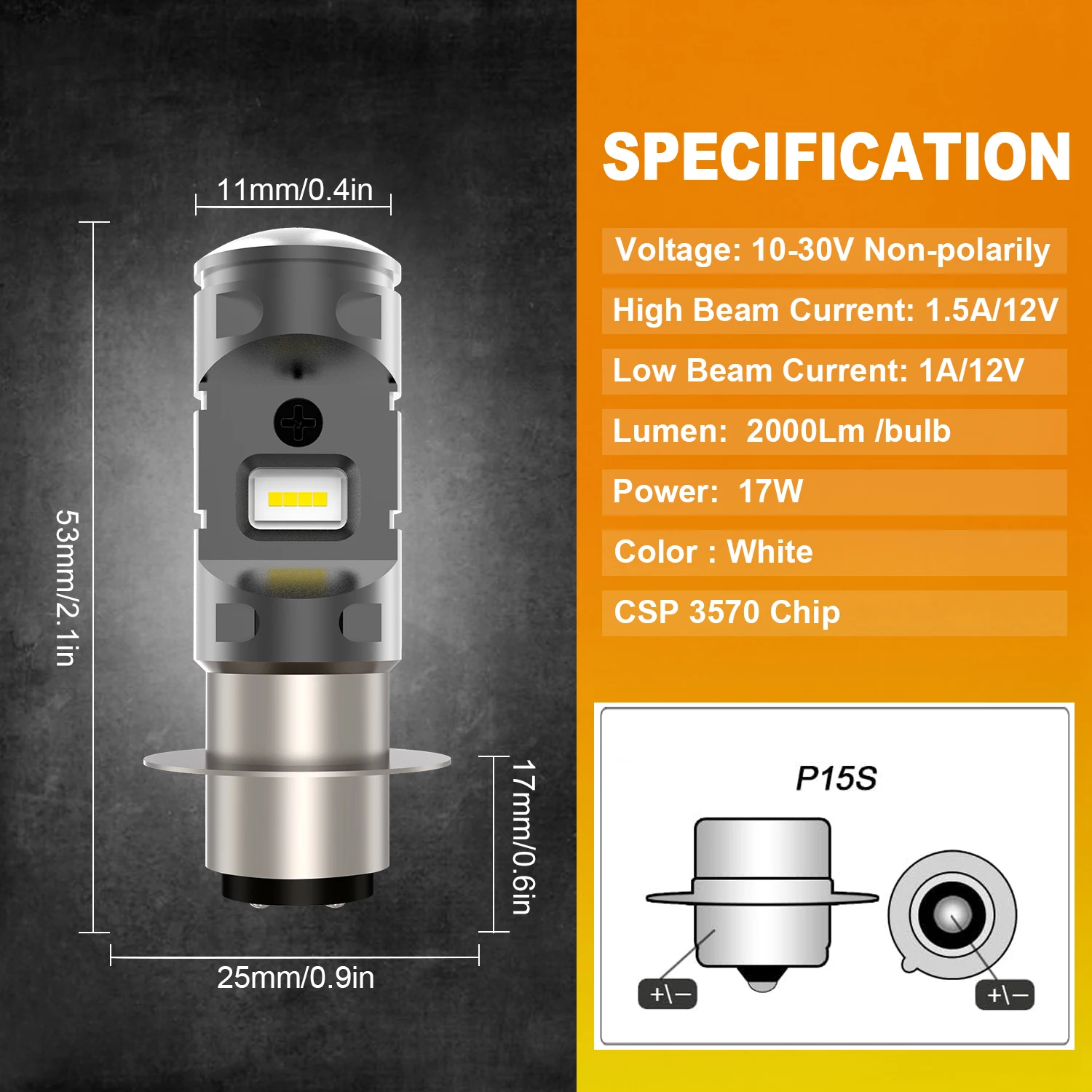 IVITOW P15S LED Bulb Motorcycle Headlight Bulb White Super Bright DC 10-30V Replacement for Motorbike Headlamp, Non-polarity