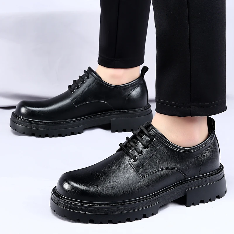 Trendy lace up thick soled men's leather shoes Social Office Versatile Sneakers Men Luxury Leisure  Party Wedding Men's Shoes