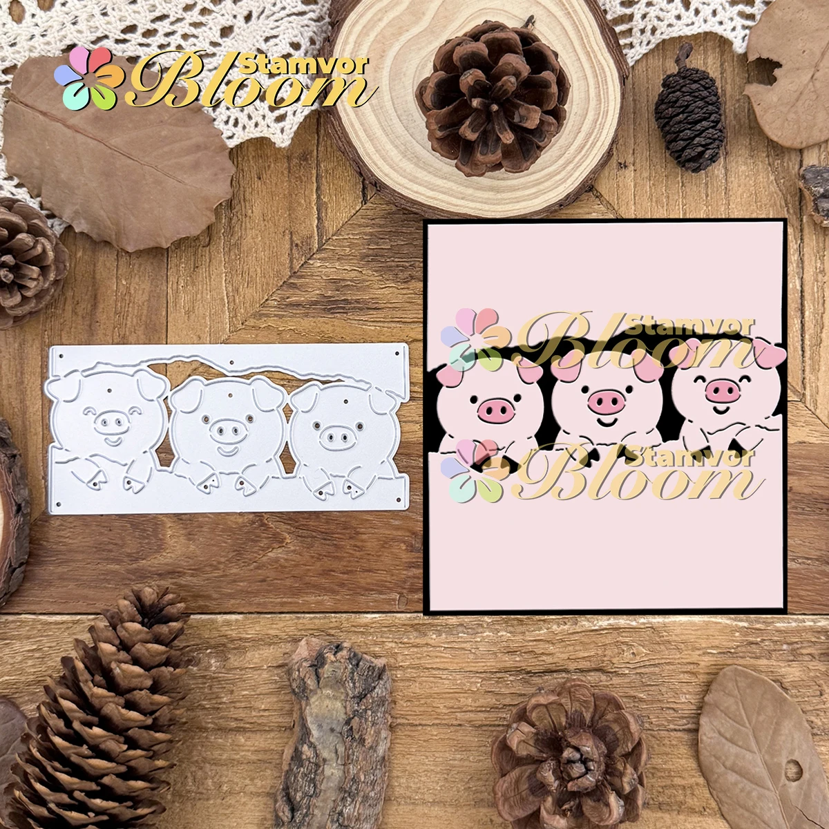 Matrices de découpe métalliques demi-cercle « Lovely Happy Piggies » pour scrapbooking et gaufrage décoratif