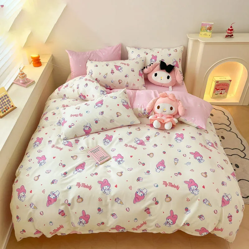 Kawaii Sanrio Kuromi Bedding Four-Piece Set Cinnamoroll Accessories Cute Anime Pure Cotton Bed Sheet Princess Style Toy for Girl