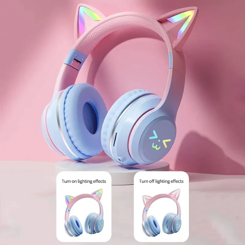 Auriculares inalámbricos con luz de Flash, bonito gato, Bluetooth, con Control de micrófono, LED, estéreo, música, casco, teléfono, Bluetooth