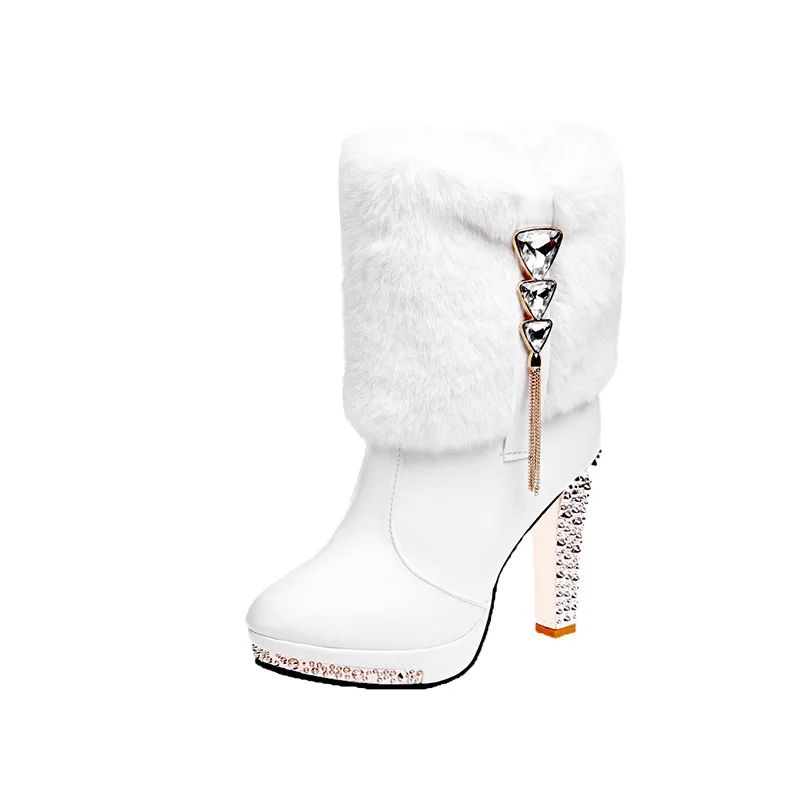 Botas de tacón alto de cuero Pu blanco de alta calidad para mujer, botas cálidas informales para otoño e invierno