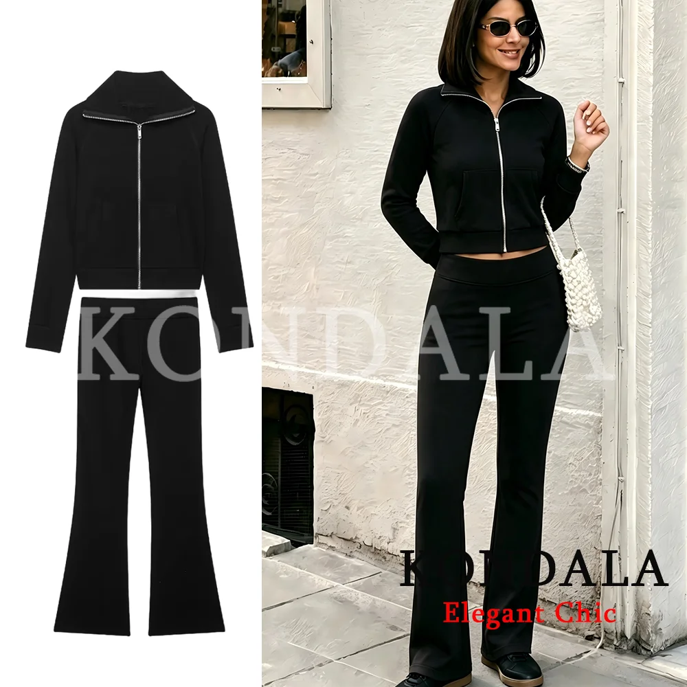 KONDALA Damen Trendiges High-Street Slim-Hosen-Set mit Revers, Reißverschlusstaschen, Jacke und Schlaghose, Neue Mode 2026 Frühherbst Mujer Set – Detail 5