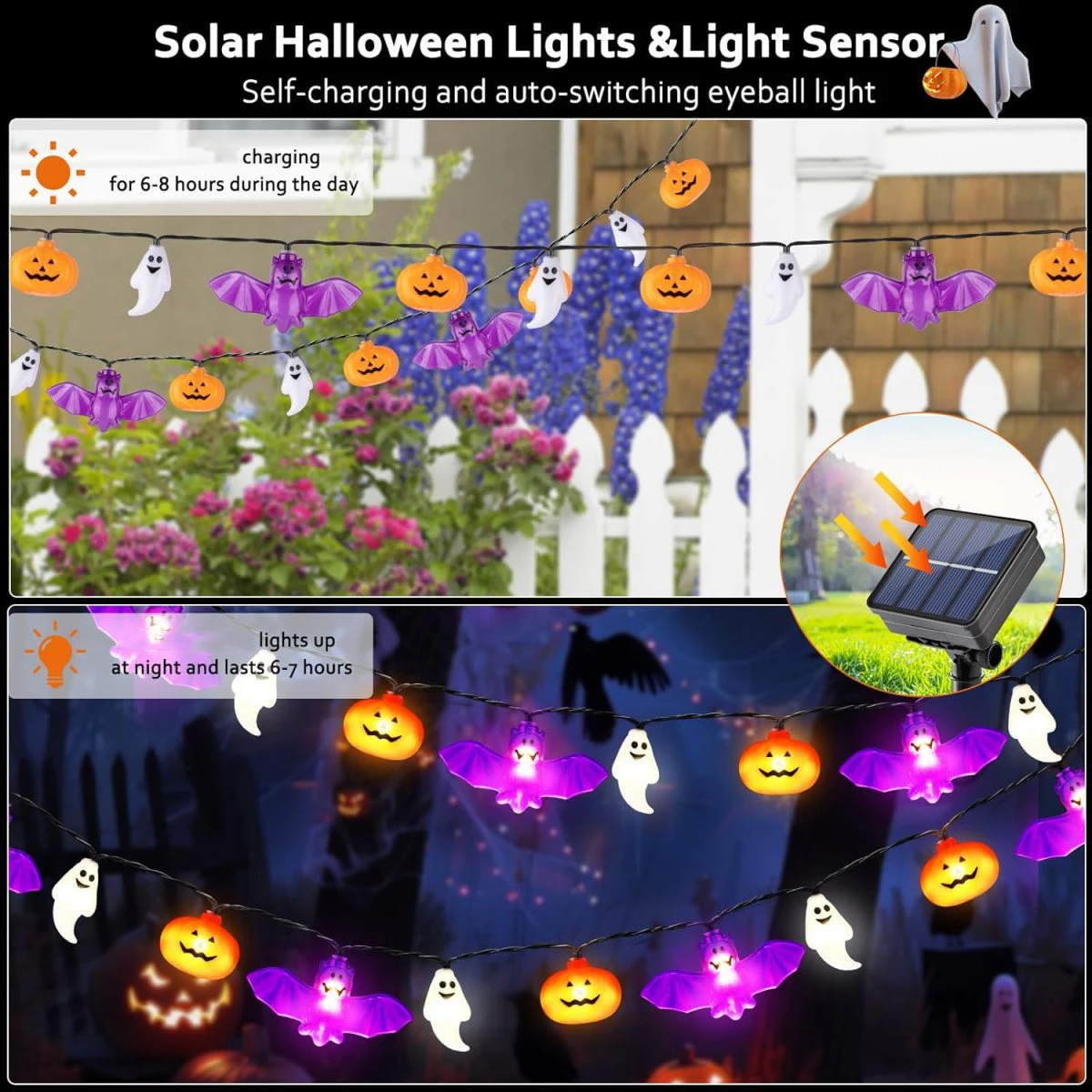 1pc 20/30 LED Bat & Ghost & Pumpkin Solar String Light Outdoor Garden Lamp With 8 Lighting Modes For Home Yard Halloween Decor