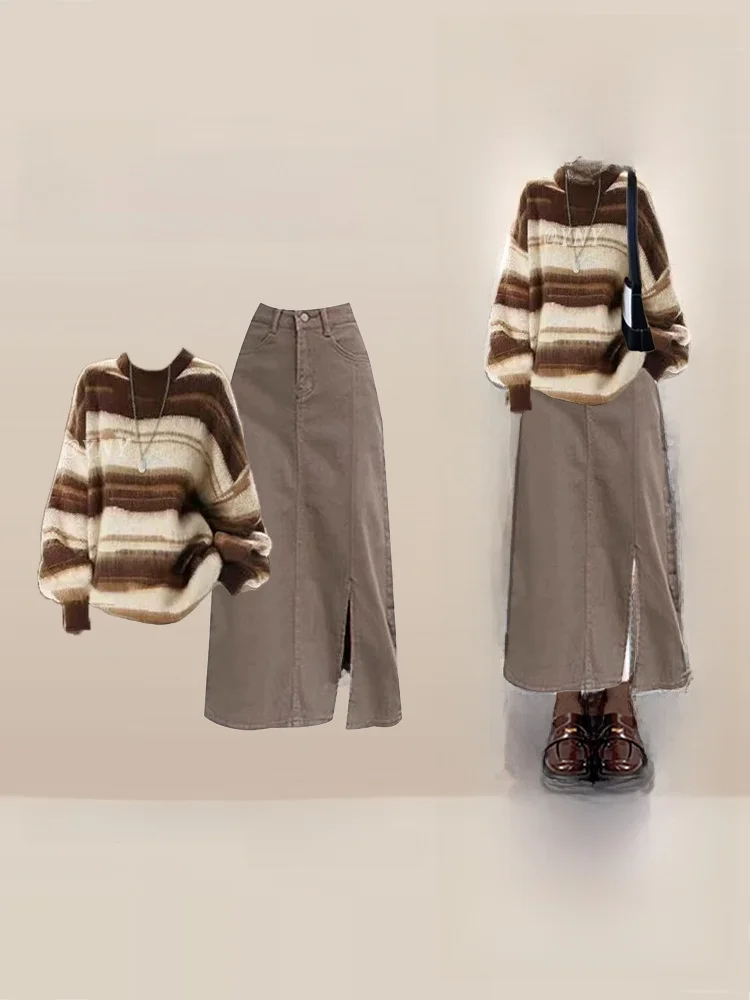 

Модный зимний вязаный свитер и юбка с разрезом и высокой талией, женский комплект из двух предметов в полоску Aosphere Sensation