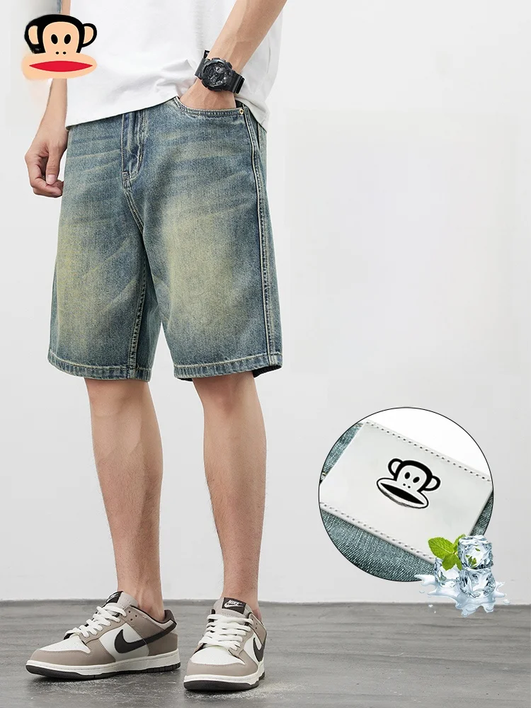 

PaulFrank, мужские джинсовые лыжи в американском стиле ретро, летние тонкие свободные повседневные джинсы средней длины, широкие брюки из смеси хлопка и полиэстера