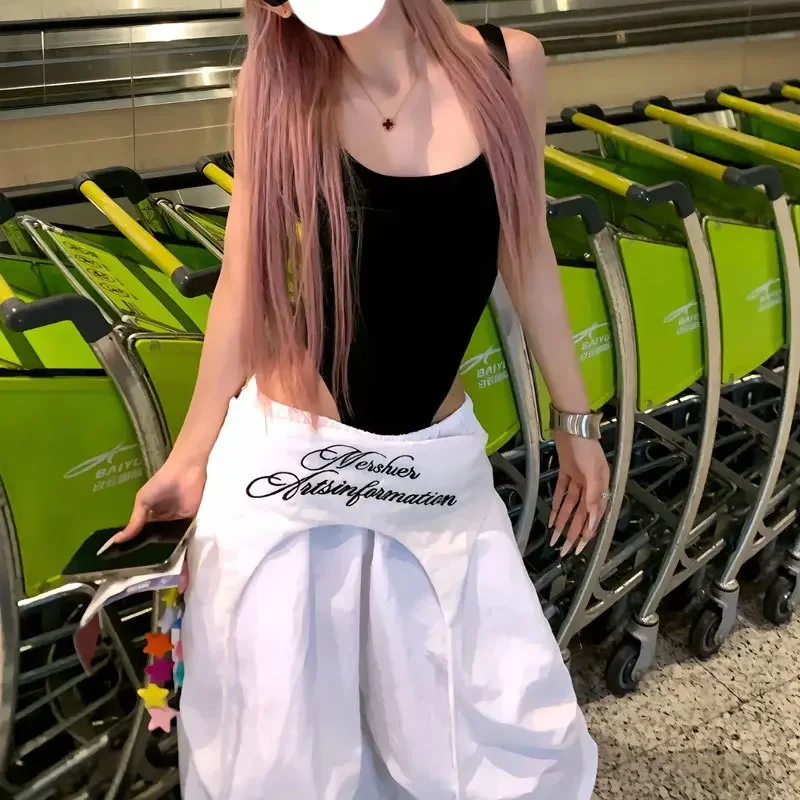 2025 New Y2K White Cargo Pants Women Streetwear Embroidery Baggy Sweatpants Harajuku Wide Leg Joggers Summer Oversized Trousers