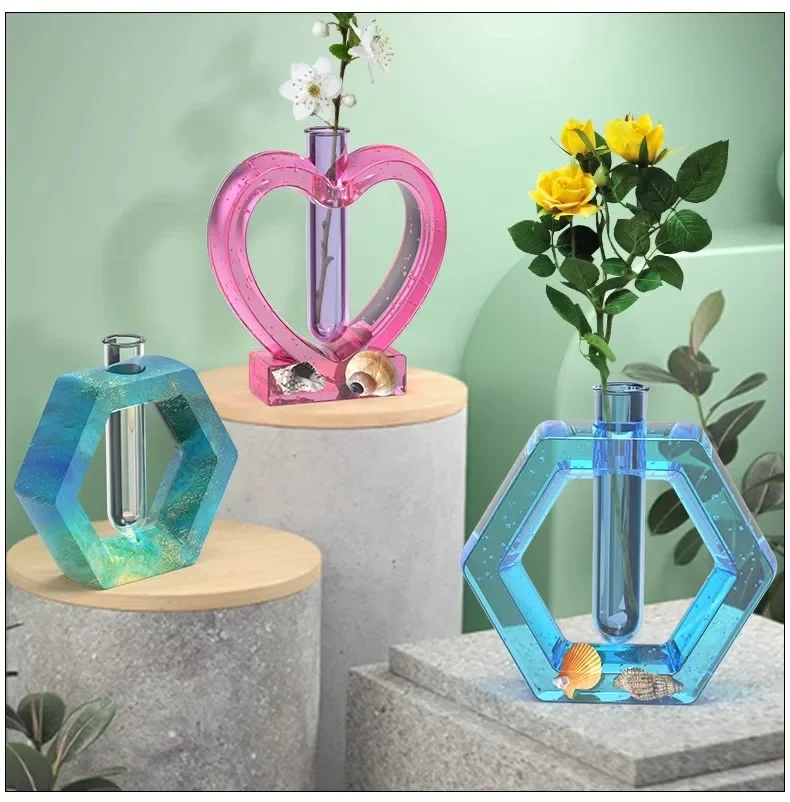 DIY Cement Concrete Crystal Drop Glue Mold Hexagonal Love Flower Design Test Tube Culture Water Plant Silicone Mold for Home Gar