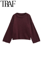 TRAF ROBE Elegant Thin Knitted Women Loose Sweater Traf 2024 Winter Warm Long Sleeve Pullovers Y2K Jumpers Oversize Crop Top