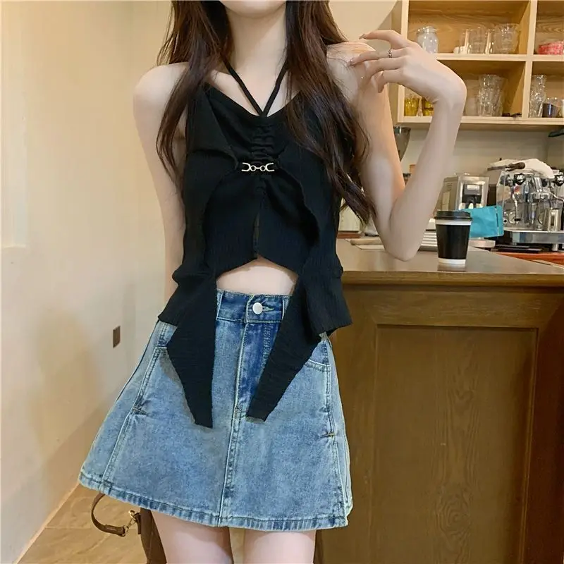 Summer Sweet Women Vest Korean Lace Up Off Shoulder Female Casual Knitting Strap Tops Ruffles Tunic Sleeveless Sexy Crop Tops