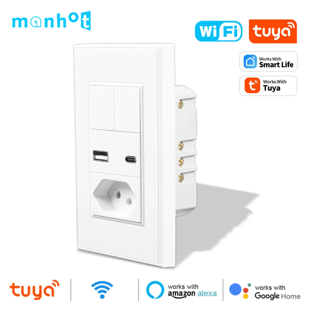 WiFi Smart Life Wall Switch&16A Socket Brazil Standard 4X2 Push Buttons Light Switch with USB Type C Tuya APP Alexa Google Home