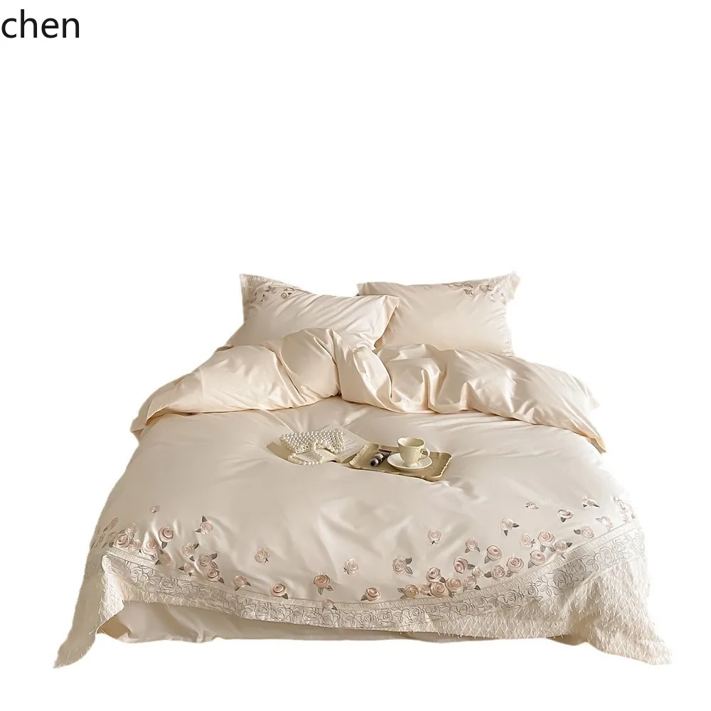 HXL Elegant Rose Lace Appliqué Embroidered Bedding Four-Piece Set