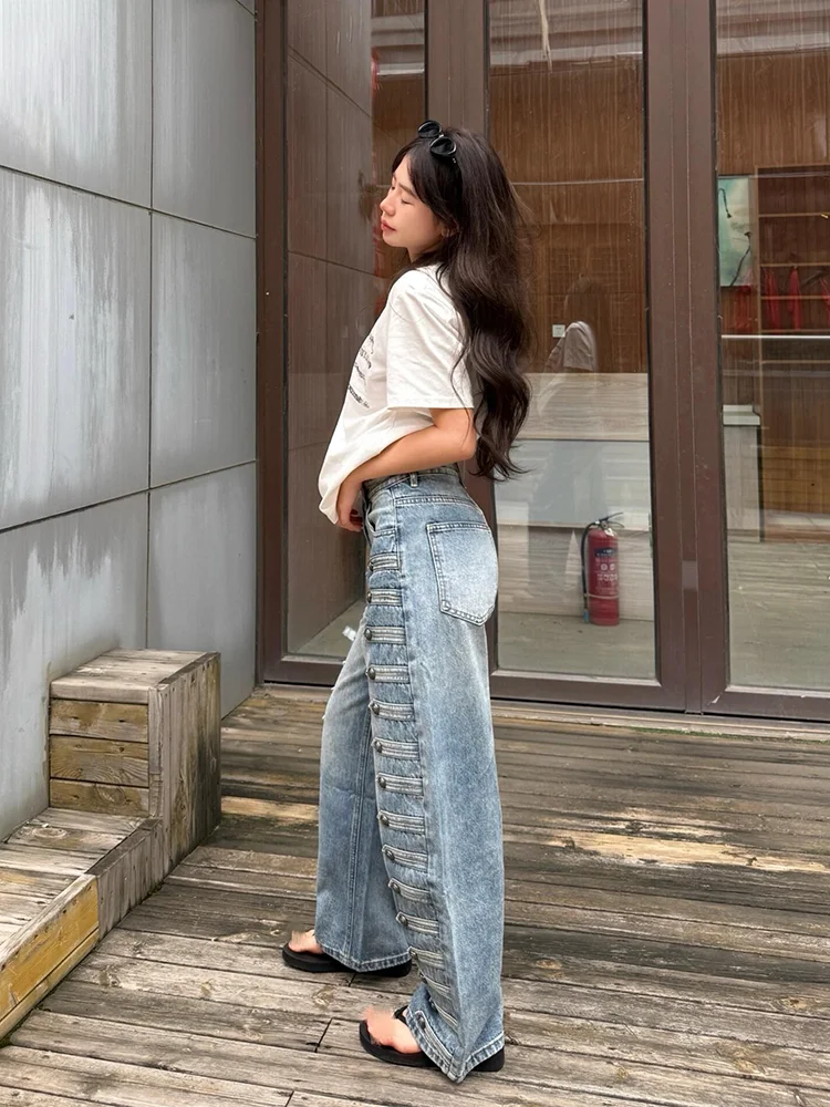 Loose Blue Denim Jeans Women's American Retro Court Metal Buckle Design Wide Leg Pants High Waist Straight Leg Jeans