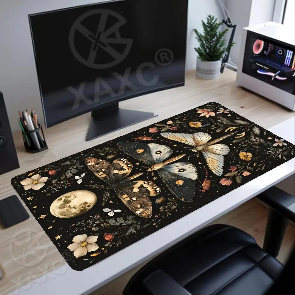 XAXC Moon Phases Desk Mat Black Cottagecore Pale White Roses Butterflies Star Witchy Pagan Large Mousepad Occult Wicca Mouse Pad