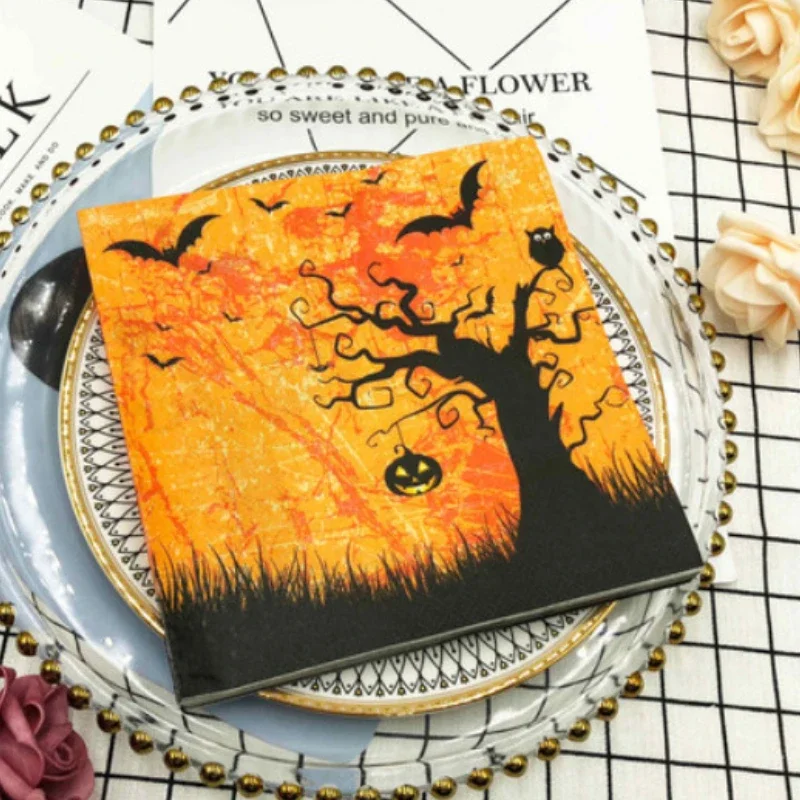 10/20pcs 33cm 2-Ply Halloween Party Decoration Paper Black Bat Owl Napkin Halloween Elements Wine Glass Flower Paper Placema/