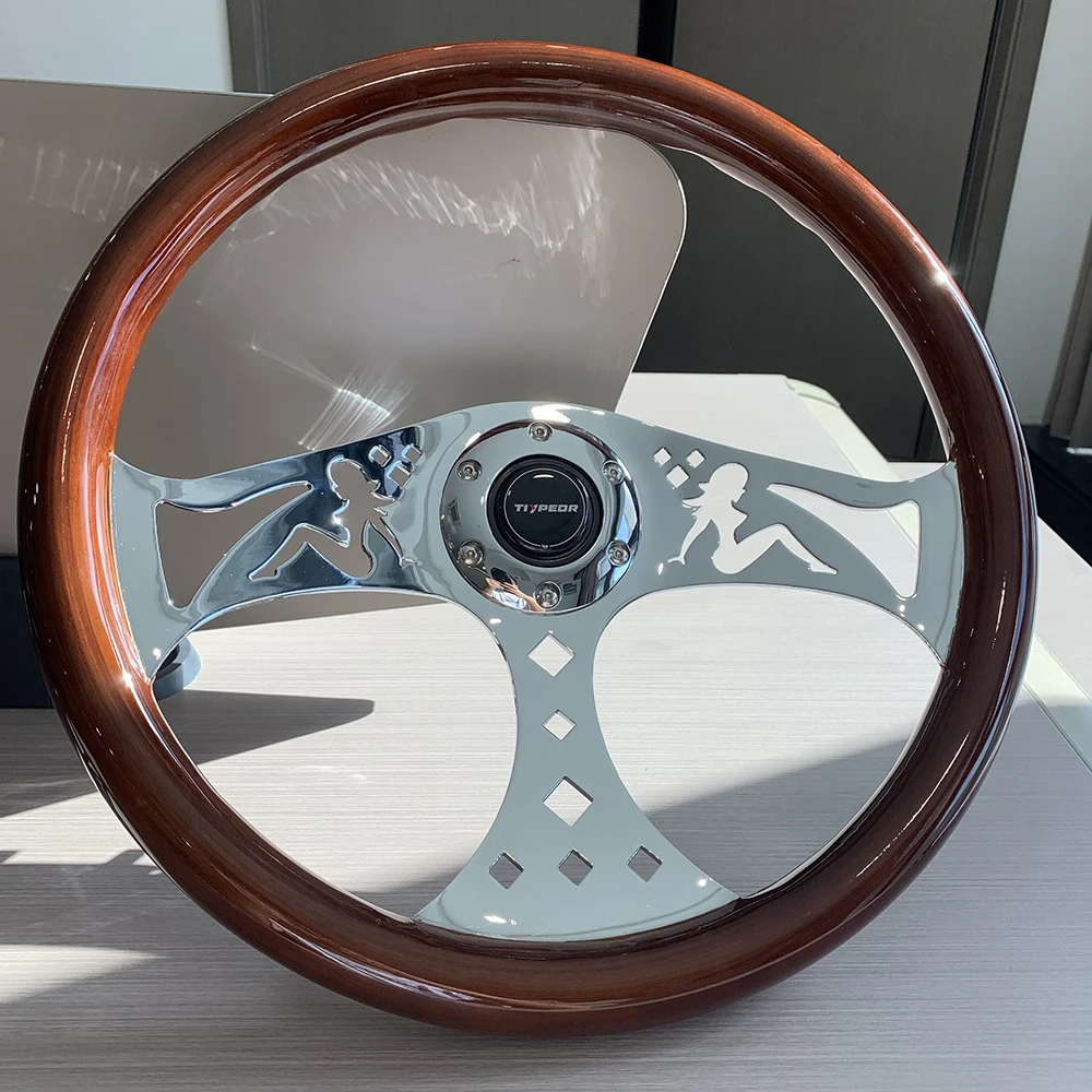 

TIYPEOR Silver Chrome 3 Spoke Wooden Girl Pattern Solid Wood Steering Wheel 15inch 380mm Car Steering Wheel