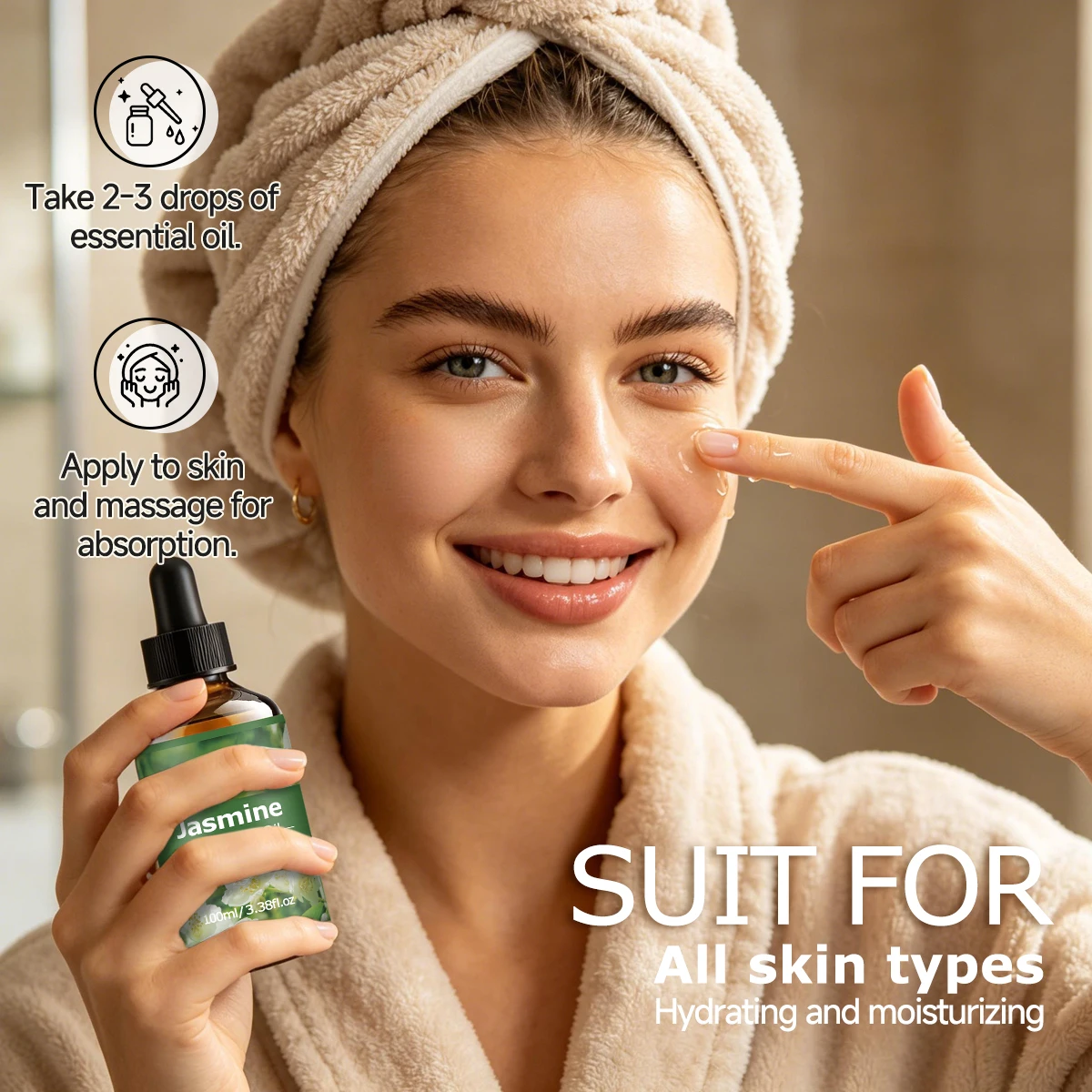 Jasmine Essential Oil: 30ml / 60ml / 100ml. Suitable for skincare and massage. A nourishing formula, ideal for daily use.
