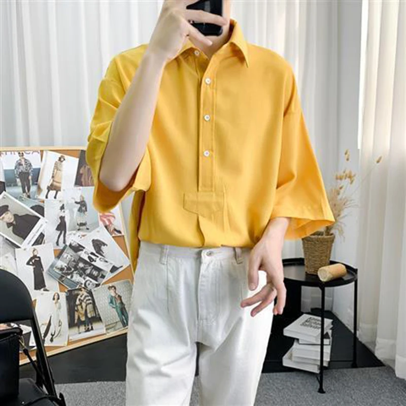 Thin Solid Elegant Japanese Harajuku Korean Half Short Sleeve Shirt Men Oversized Blouses Summer Cardigan 2023 Fashion New Tops