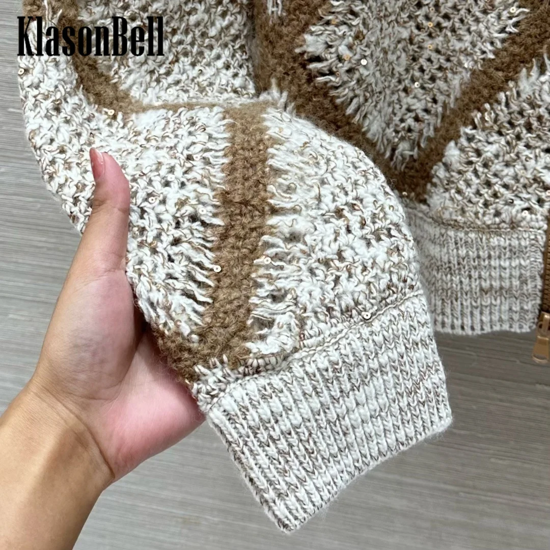 9.8 KlasonBell Women 2024 Autumn New Sequins Argyle Plaid Hollow Out Crochet Cardigan O-Neck Loose Wool Knit Soft Zipper Coat