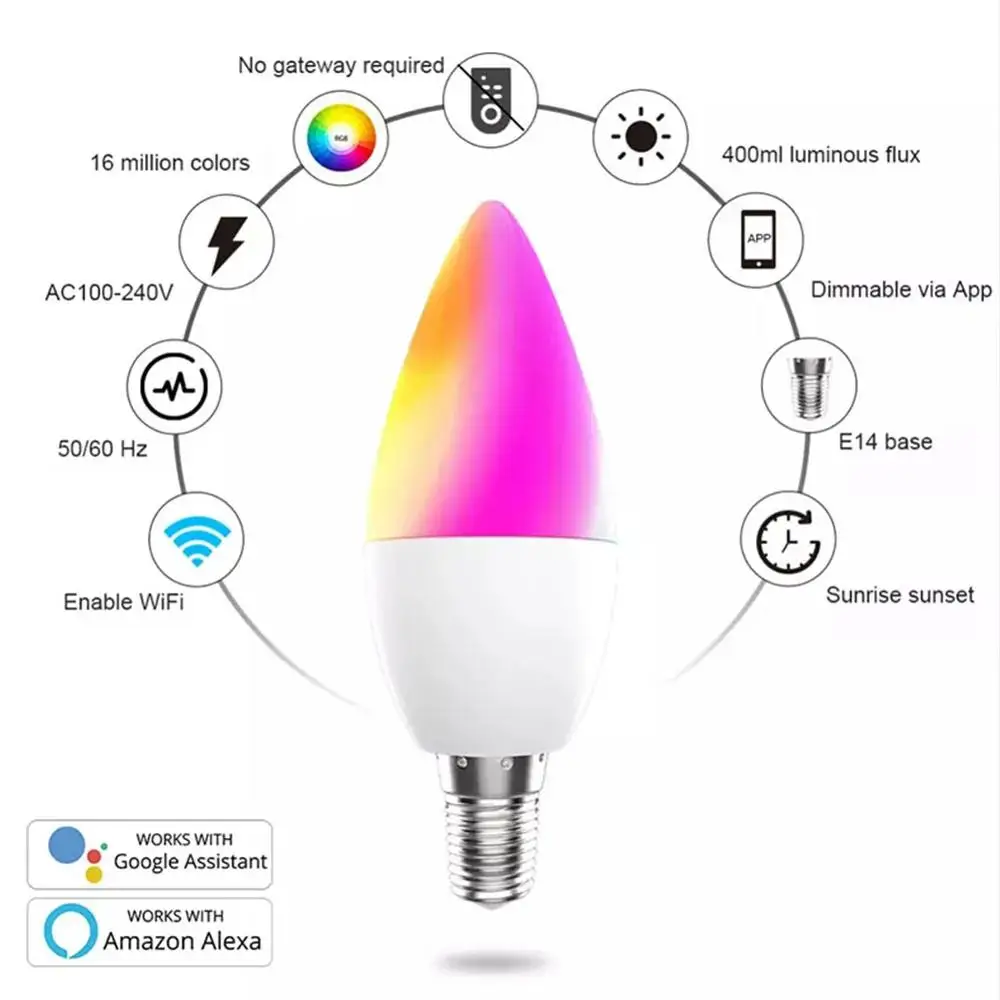5W Tuya Smart Bulb Colorful WiFi Candle Bulb Voice Control E14 Smart Light Work with Alexa Google Home Timer Function
