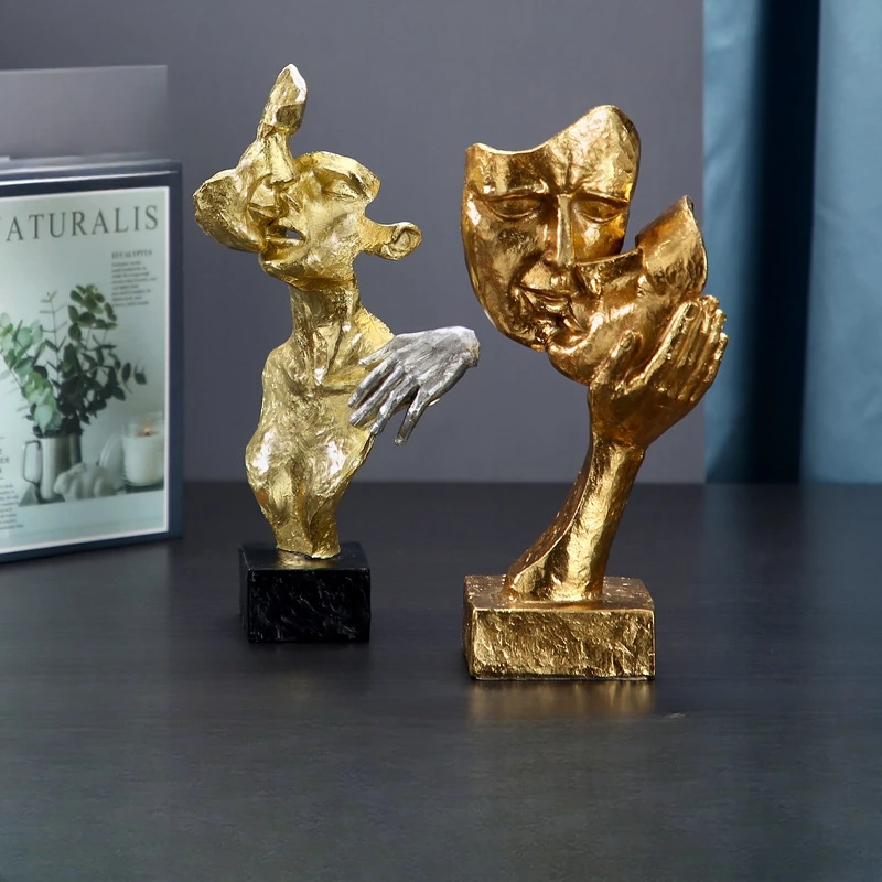 

Resin Crafts Golden Mask Ornament Silent Figure Sculpture Golden Couple Statues Decorative Figurines Home Decoration Accessories