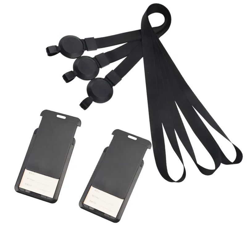 Black ID Working Card Cover Case with Retractable Badge Reel Lanyard ID Name Badge Holder Chest Tag Work Pass Card Sleeve