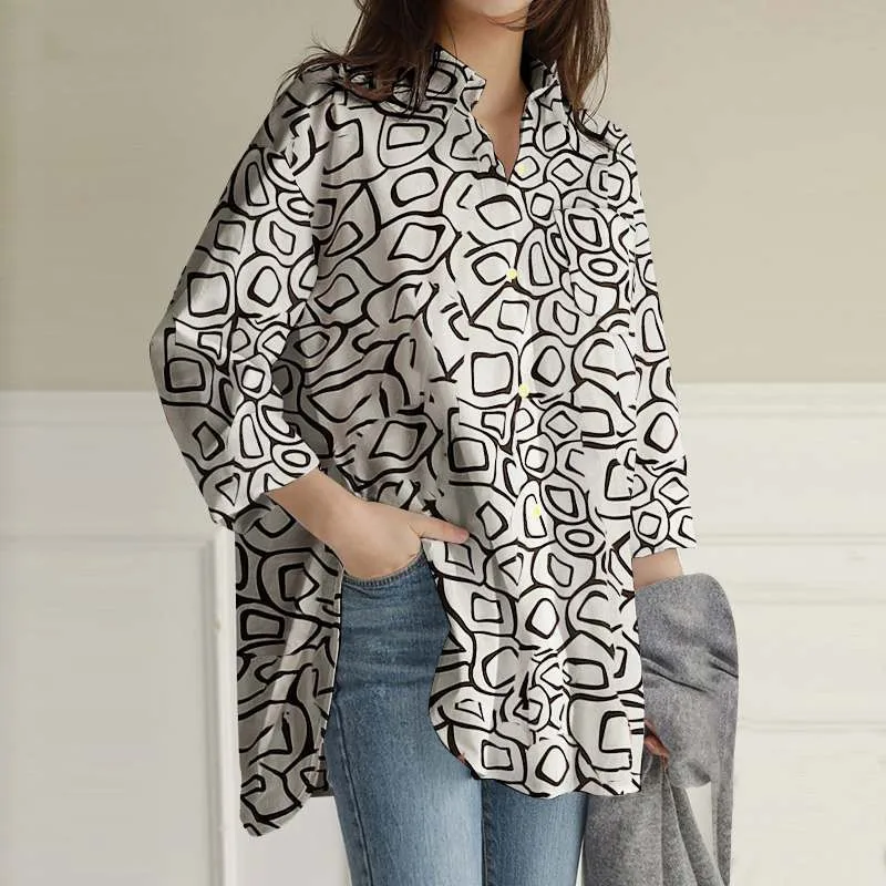 Lente Nieuwe Plus Size Dames Casual Shirt 7XL 6XL 5XL Mode Revers Gedrukt Lange Mouw Zak Losse Top