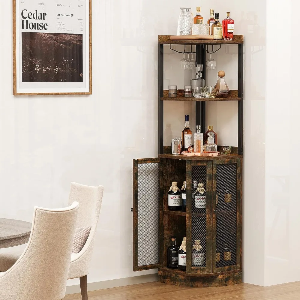

Corner Bar Cabinet with Wine Rack, 65" H 5-Tier Brown Wood Liquor Display with Magnetic Doors for Home, Living Room, Kitchen, S