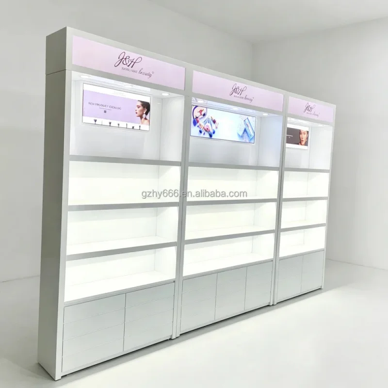 custom.LED Cosmetics Display Cabinet Custom Retail Showcase with Lockable Storage, Multi-Tier Shelving Convenience Store Sho