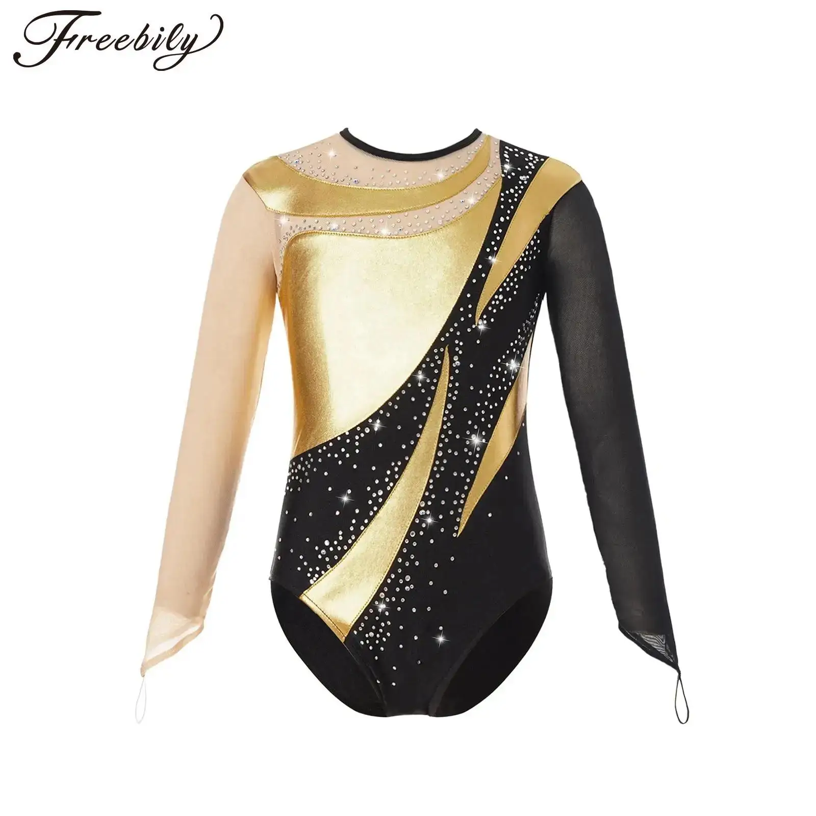 Mesh Long Sleeves Gymnastics Leotard for Kids Girls Shiny Metallic Ballet Dance Bodysuit Rhinestones Figure Skating Costume