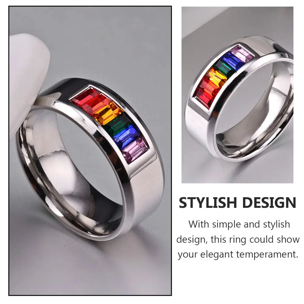 Titanium Steel Rainbow Ring Colorful Rhinestone Inlaid Pride Finger Jewelry Unisex Fashion Accessory