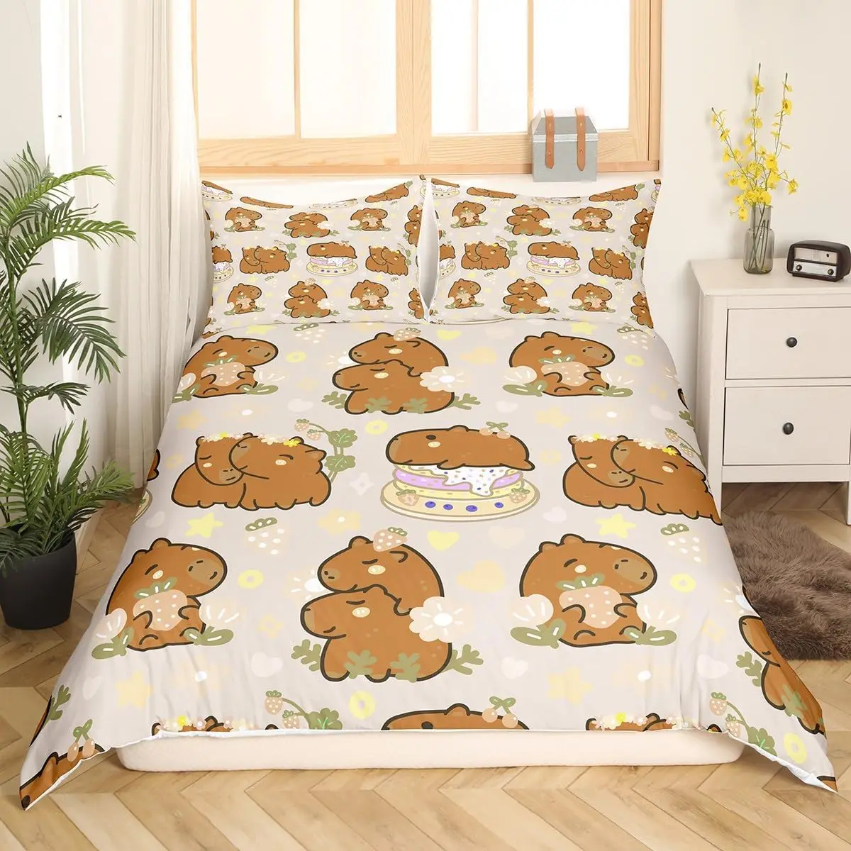 Cute Capybara Duvet Cover Set Single Size Strawberries Bedding Set With 1 Pillowcase Kawaii Cartoon Cake Cover