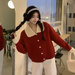 Peter Pan Collar Contrasting Colors Sweater Women Autumn Winter Loose Knitting Cardigan Sweet All-match Fashion Knitwear Tops