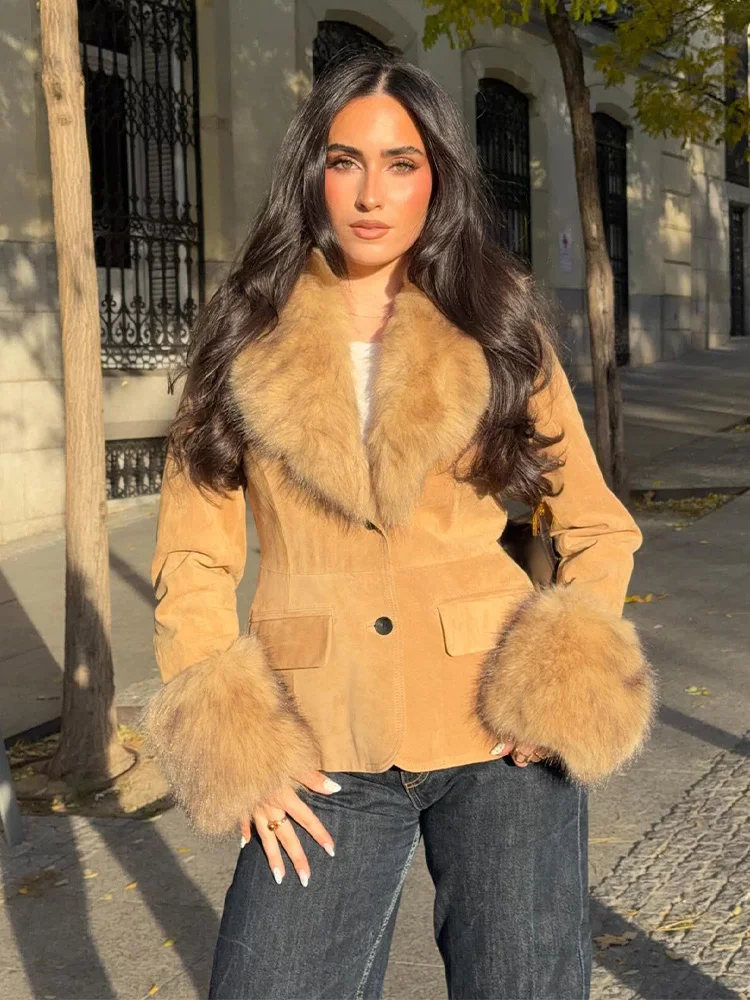 Żakiet damski z odpinanym futrzanym kołnierzem, elegancka kurtka z klapami, długie rękawy, kieszenie, ozdobny, jednorzędowy, modny blezer damski.