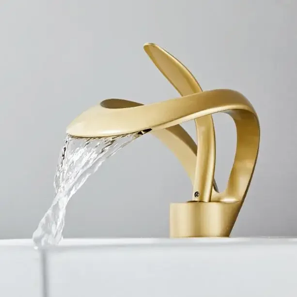 Art deck mounted Hot Cold Faucet brass brushed gold bathroom mixer taps waterfall basin sink faucet