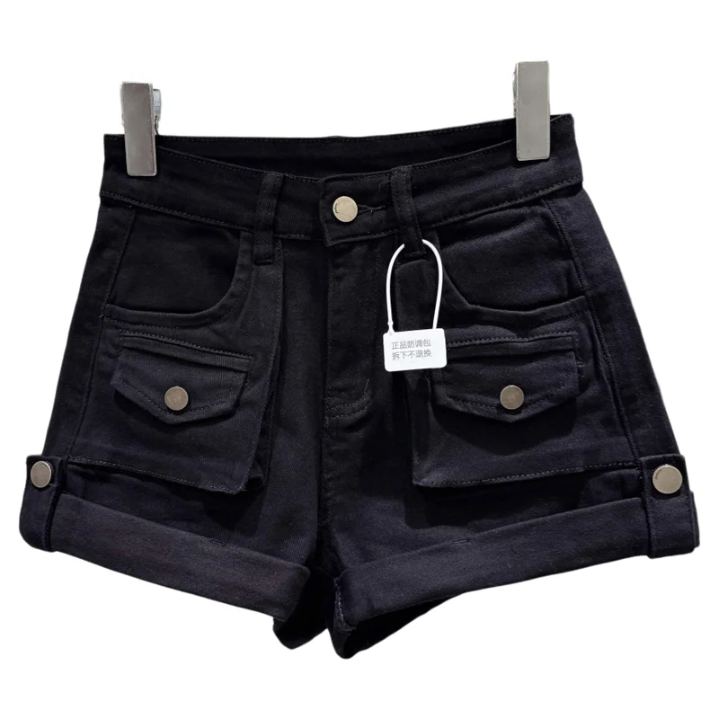

Retro American Design Denim Shorts with Pockets High Waist Straight Leg Autumn Winter Casual Non-Stretch High Quality Fabric