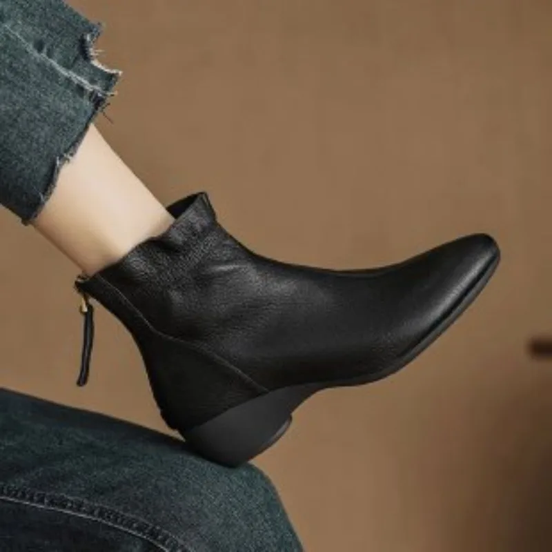 Winter Women Mid-calf Leather Boots Ruffled Pointed Toe Chunky Heel Lady Short Boot Fashionable Large Size Snow Boots Waterproof view 6