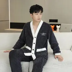 Coral Fleece Pajama Set Men Sleepwear Winter Pajamas Cardigan 2PCS Set Warm Leisure Flannel Nightwear Thickened Home Clothes